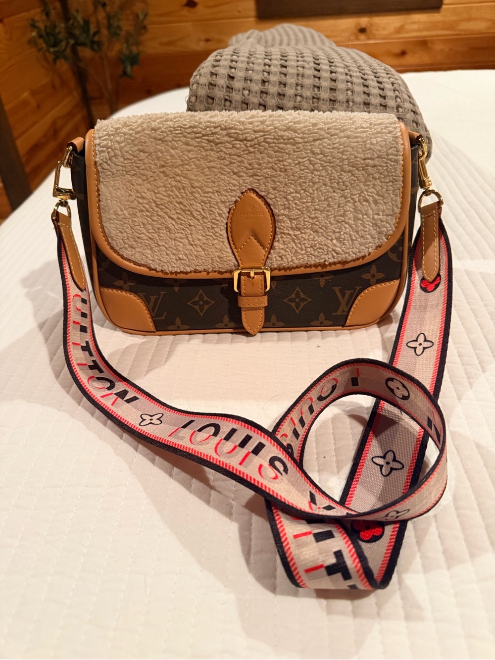 Louis Vuitton Shearling Trim Monogram Crossbody Bag in Brown & Cream
